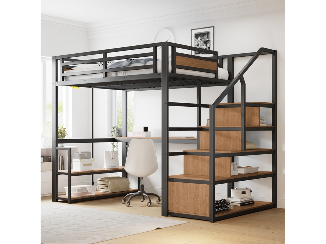 Cama Alta Metálica 140x200 Cm, Escalera Con Almacenamiento, Escritorio Y Estantes Integrados, Barandilla De Seguridad, Negra.