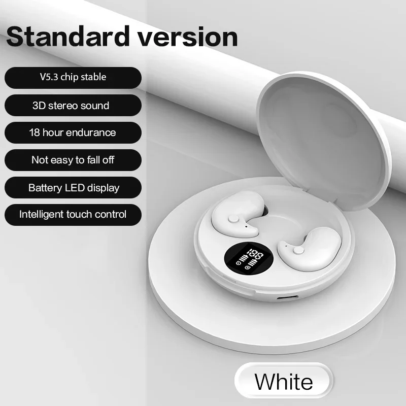 Auriculares inalámbricos Bluetooth (blancos) con pantalla digital y micrófono incorporado.