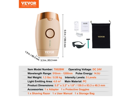 VEVOR Depiladora Láser Luz Pulsada IPL Modo Automático/Manual 5 Niveles 17 J