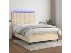 Cama Box Spring Colchón Y Luces Led Tela Crema 140x200 Cm