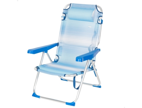 AKTIVE Silla de playa plegable y reclinable 5 posiciones rayas azul c/cojín y asa hombro