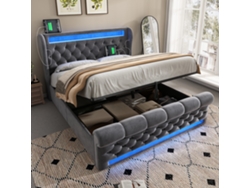 Cama Doble 140x200 Cm, Almacenamiento Hidráulico, Led, Usb-c, Cabecero Con Espacio, Terciopelo Gris, Colchón No Incluido.