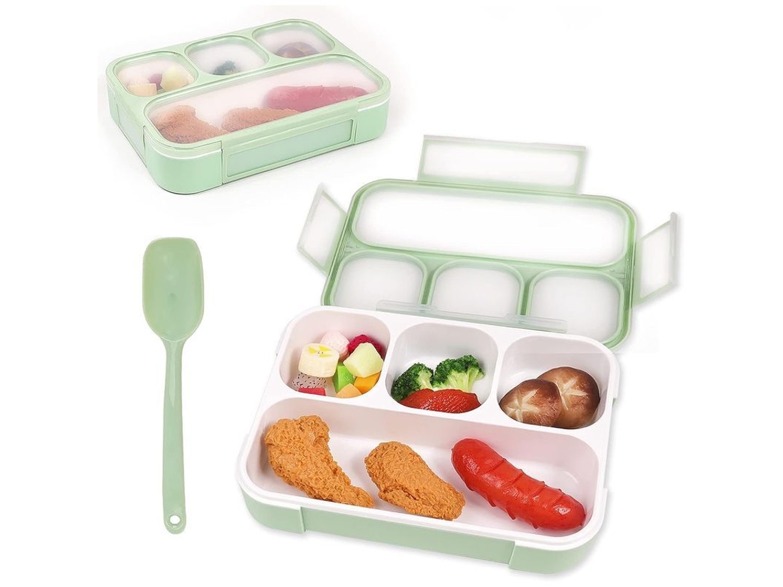 Fiambrera Bento De 1000 Ml Con 2 Compartimentos Y Cubiertos, A Prueba De Fugas, Portátil (verde Cuadrícula)
