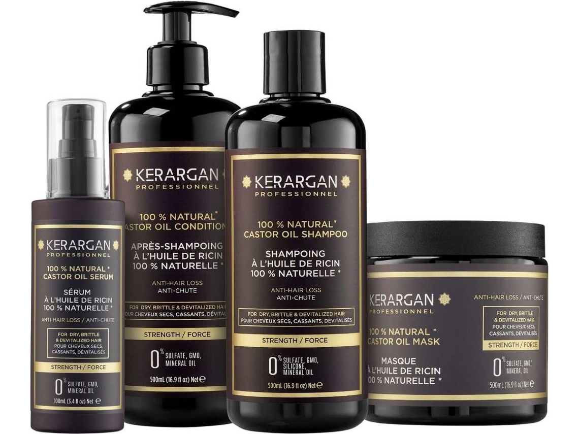 Conjunto Anticaída Champú, Acondicionador, Mascarilla & Suero con Aceite de Ricino KERARGAN (3x500 ml + 100 ml)