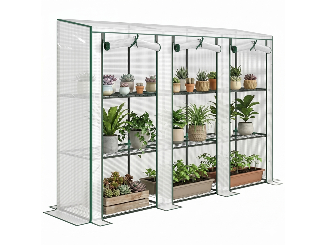 Pequeño invernadero con 3 estantes, puertas correderas, invernadero de cultivo, 215x46x151 cm, blanco