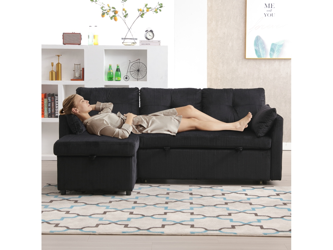 Sofá Cama Multifuncional 3 Plazas - Con Almacenamiento, Chaise Longue Intercambiable, Negro