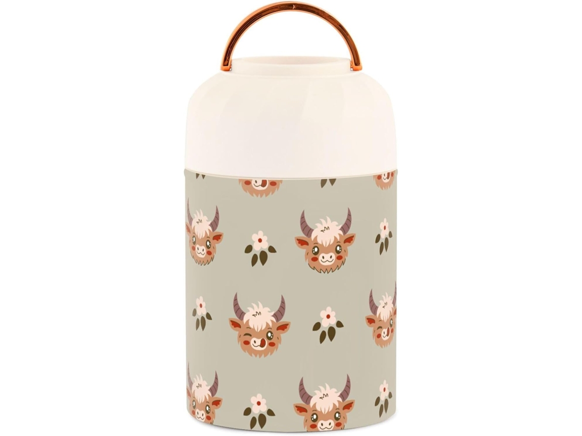 Recipiente térmico con cuchara, diseño de vaca de las Tierras Altas y flores, 500 ml, acero inoxidable, sin marca.
