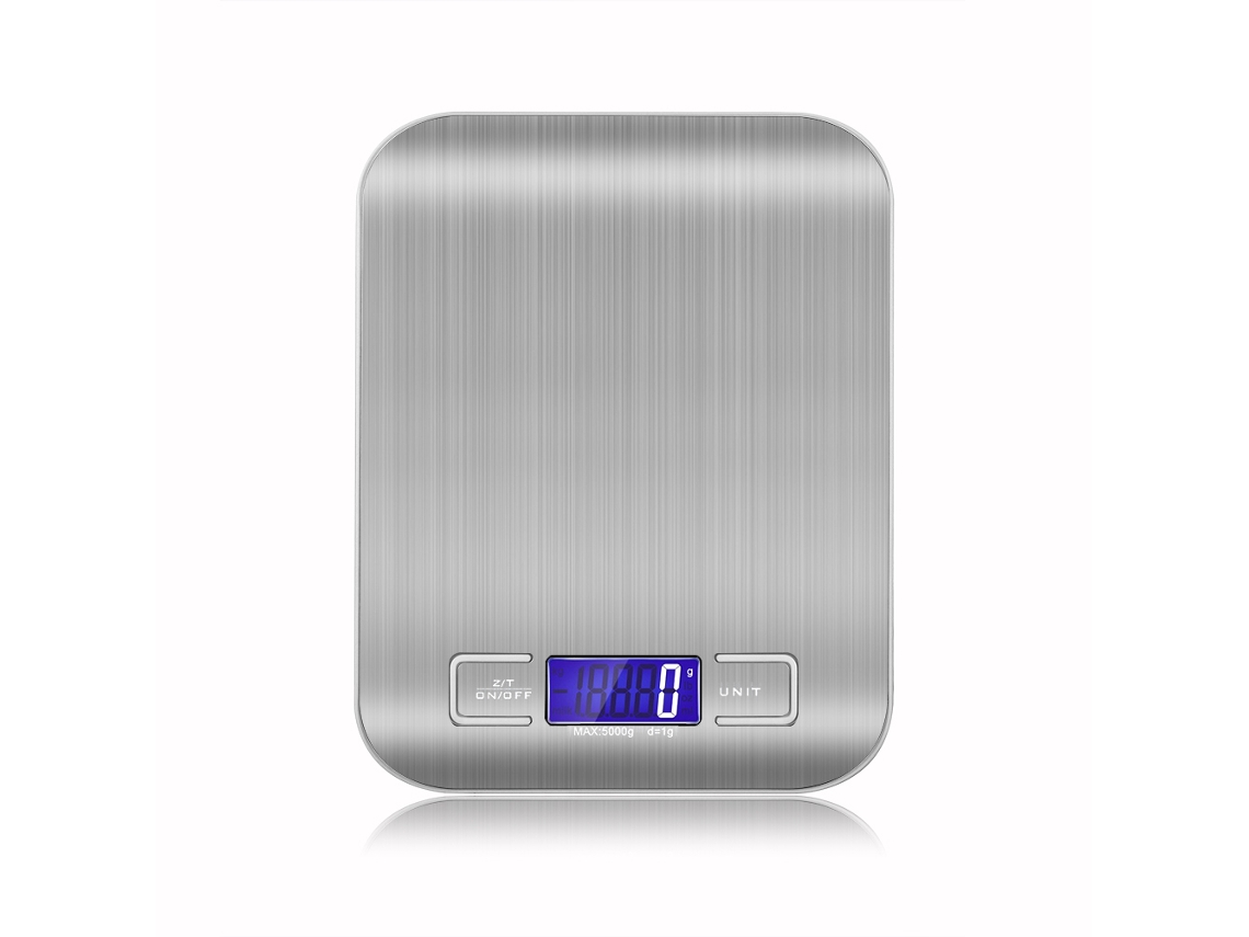 Báscula de cocina portátil MDUG de acero inoxidable con pantalla LCD retroiluminada (5 kg, 1 g)