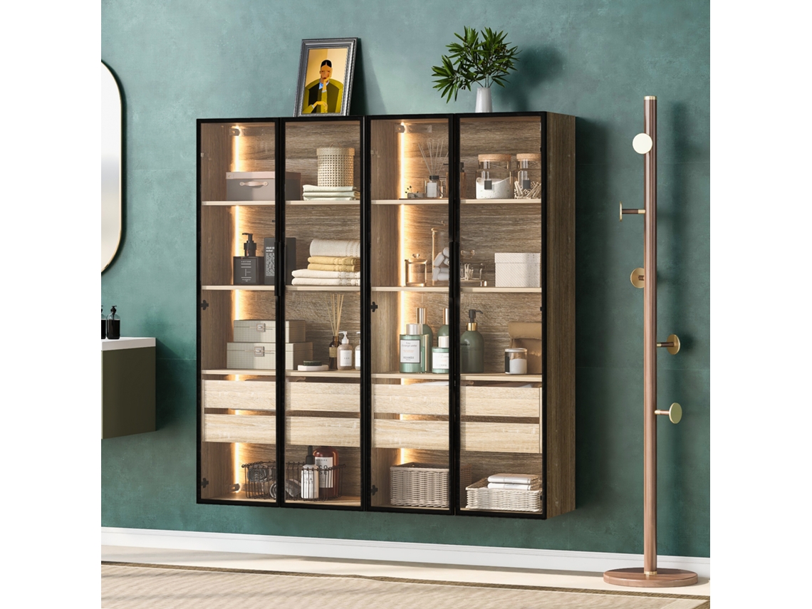 Juego De 2 Armarios De Baño 73 Cm - Con Luz, 2 Cajones Y Puertas De Cristal - Natural