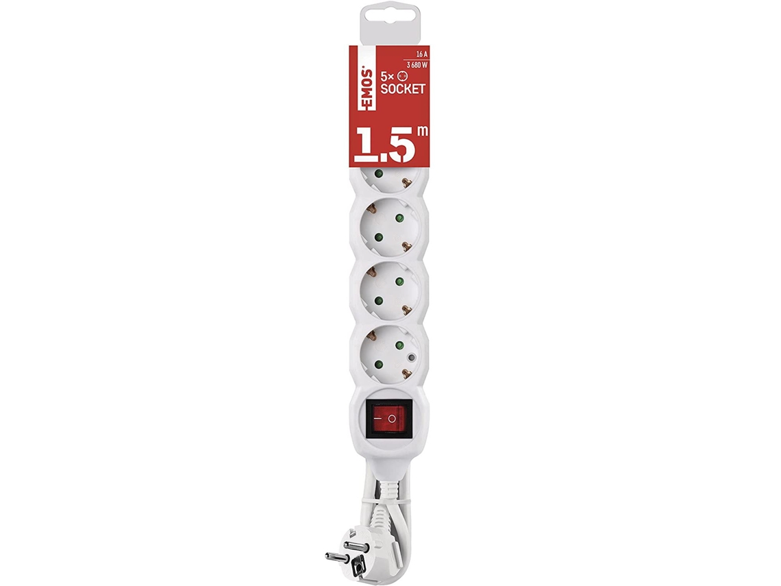 EMOS Cable Regleta 1,5M 5 Tomas Enchufes Giratorios 45º IP20 Blanco