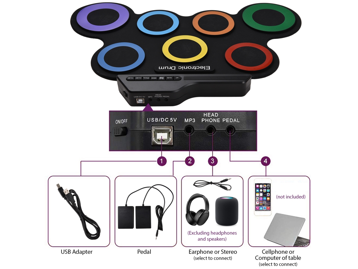 Batería electrónica portátil con 7 pads y pedales para practicar.