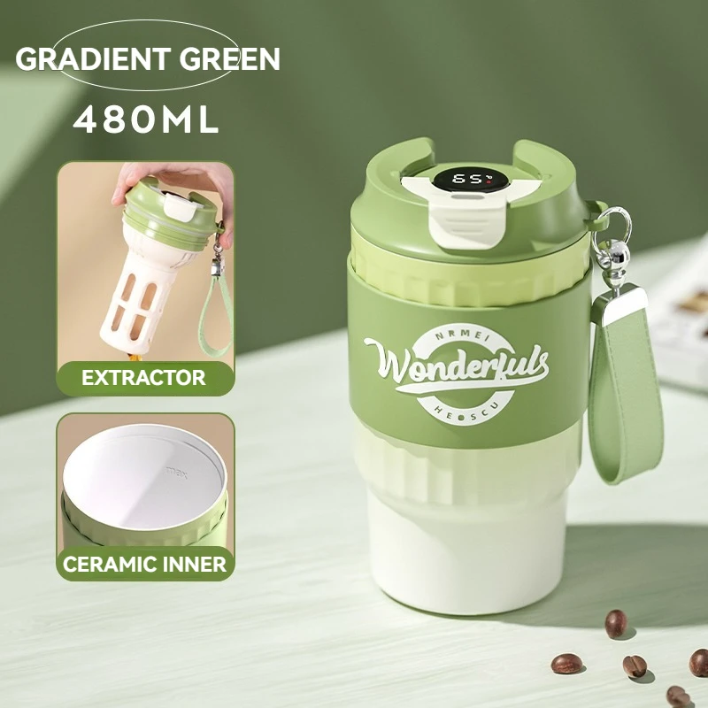 (Verde, 480 ml) Taza de café de acero inoxidable con extractor y aislamiento térmico.