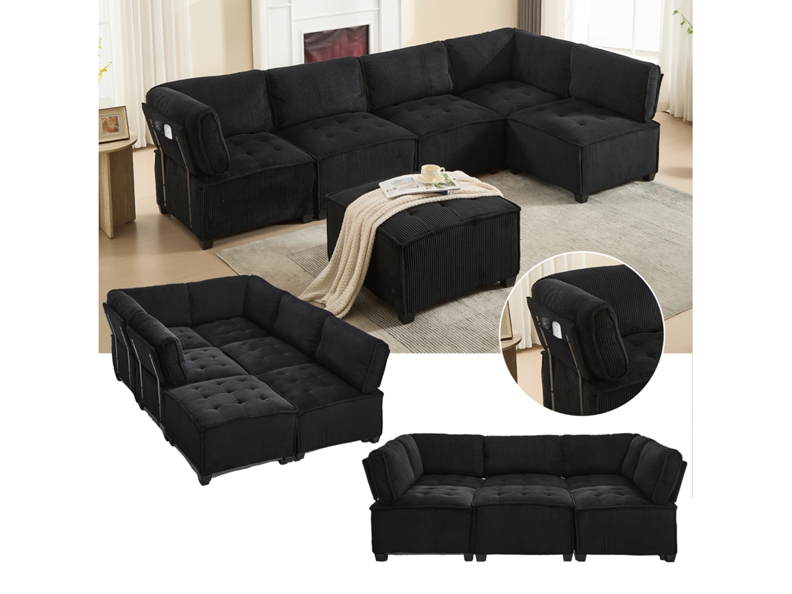 Sofá Modular 308 cm, 6 Plazas, Terciopelo Cotelé, Ergonómico, Bolsillos, Convertible U/L/Sofá-Cama, Madera y Metal, Montaje Fácil – Negro