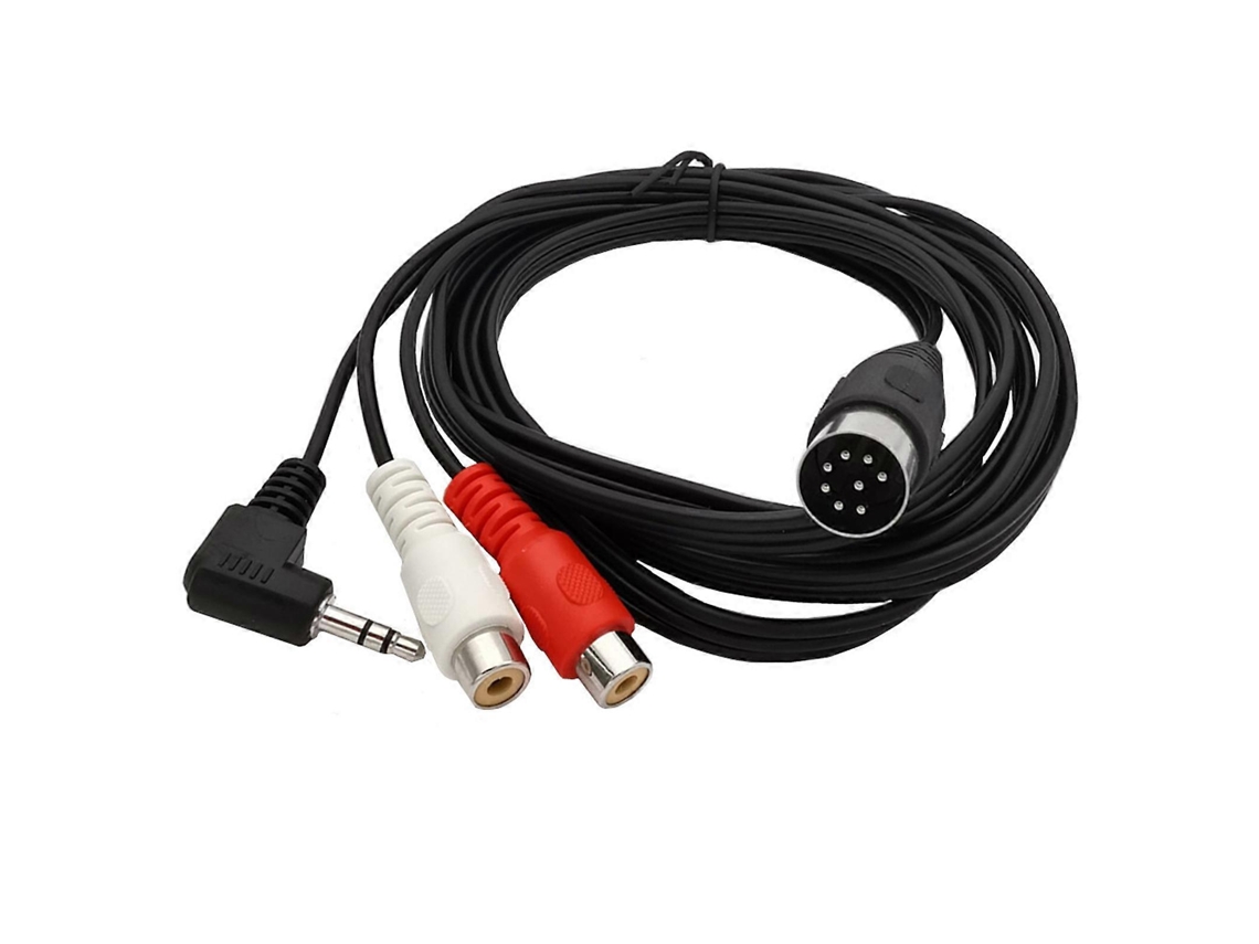 Cable adaptador de audio grande con conector DIN de 8 pines a 2 conectores RCA hembra y 3 puertos macho de 3,5 mm en ángulo recto para receptor y reproductor de CD.