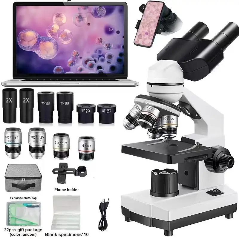 Microscopio biológico binocular 40x-5000x con LED HD profesional para escuelas y familias - Kit básico