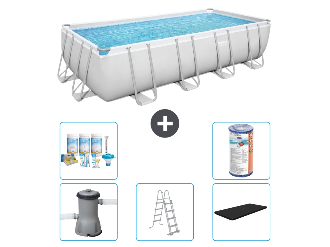 Piscina BESTWAY rectangular Power Steel - 488 x 244 x 122 - gris con bomba incluida - escalera - cubierta Paquete de mantenimiento - Filtrar