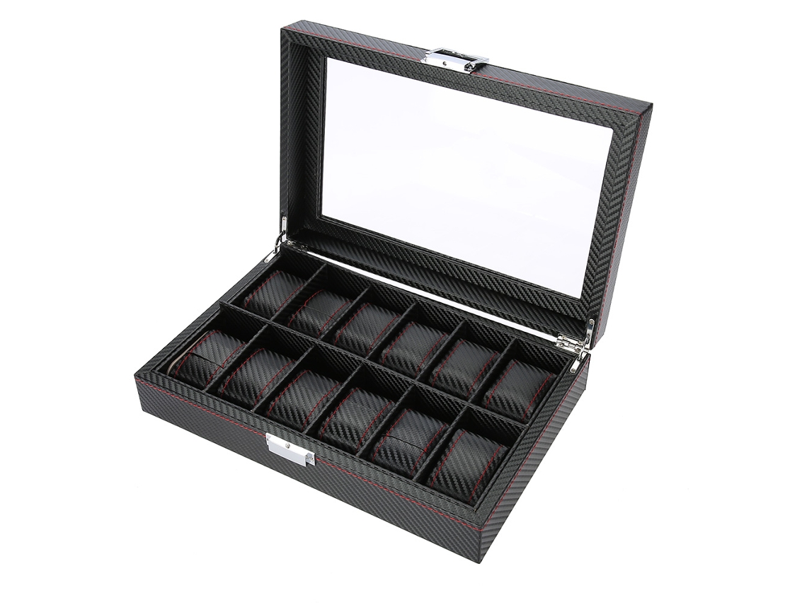 Caja de almacenamiento y exhibición de relojes de piel sintética con 12 compartimentos