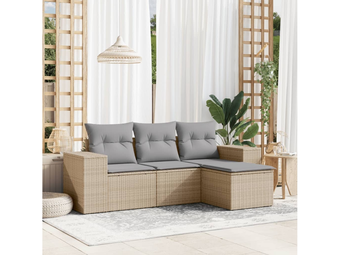 Conjunto de sofá de jardín de 4 piezas con cojines de mimbre beige DKD Home Decor