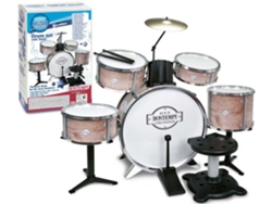 Batería de juguete Bontempi, color plata metalizada, 6 piezas con taburete.