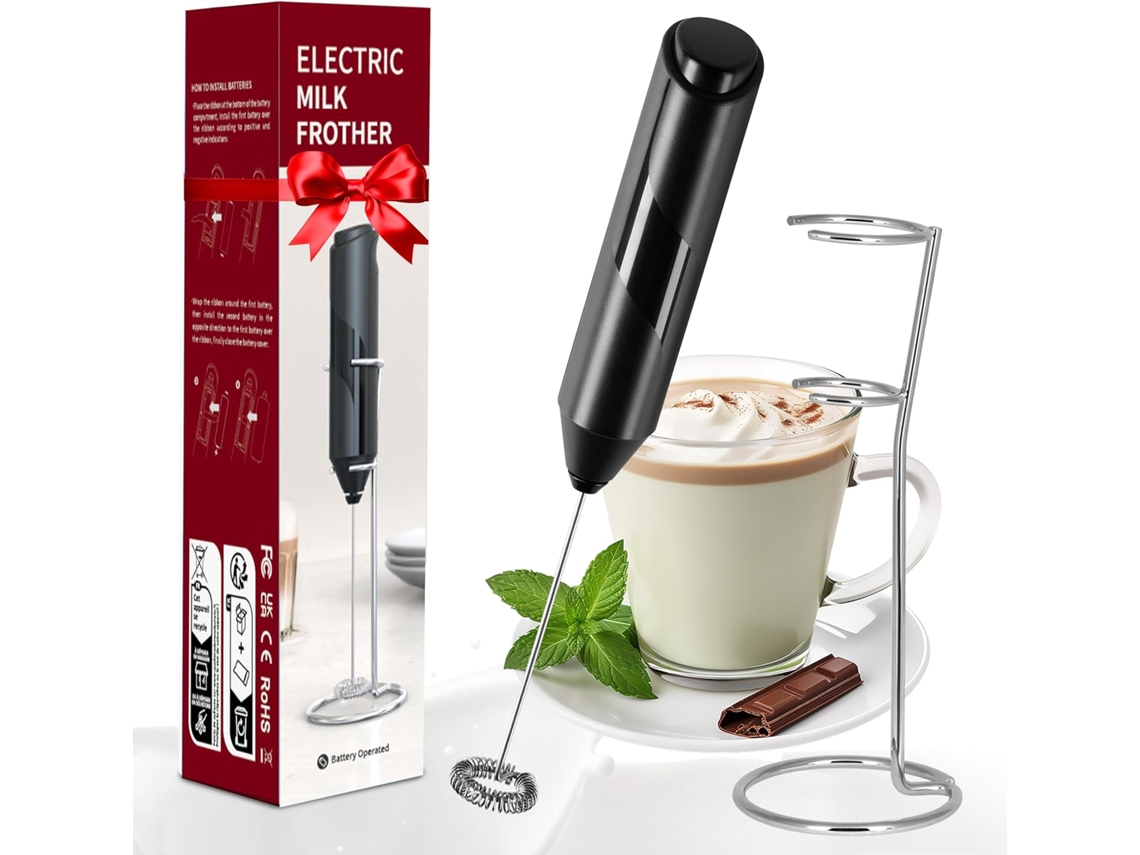 Espumador De Leche Batidor De Mano Con Pilas Con Soporte De Acero Inoxidable Para Café Con Leche Negro Gertiz