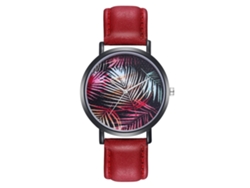 Reloj De Pulsera Para Mujer Con Estampado De Hojas, Correa De Piel Sintética Y Movimiento De Cuarzo Rojo.