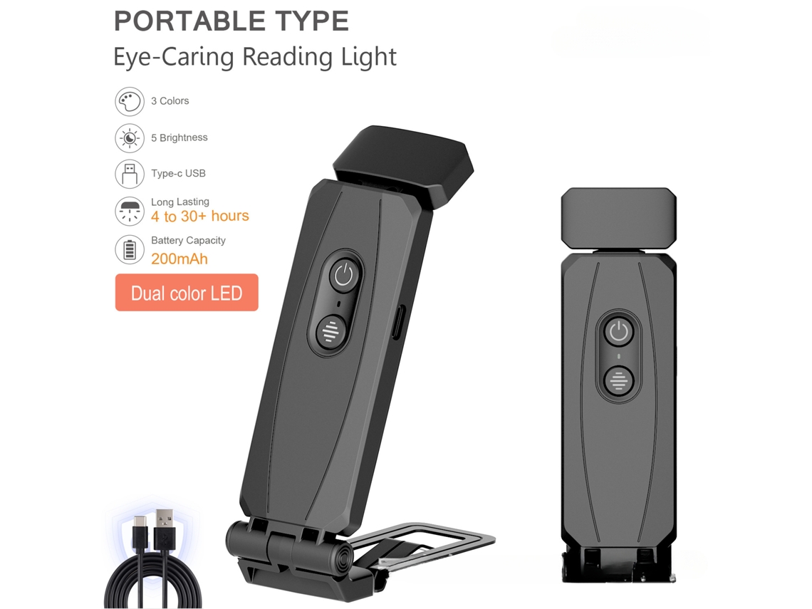 Luz de lectura recargable con clip portátil, 3 colores agradables a la vista y brillo ajustable Negro Siurn