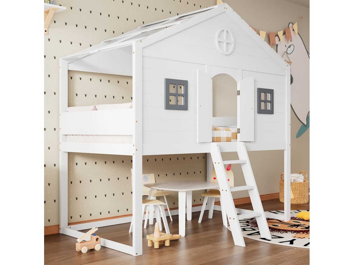 Cama Infantil Cabaña 90x200 Cm, Escalera, Barandillas, Ventanas Grises, Almacenamiento Ajustable, Madera Pino+mdf, Blanco Grisáceo.