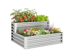 Jardinera de acero galvanizado con escalera exterior y base abierta, 120x101x58 cm, color plata.