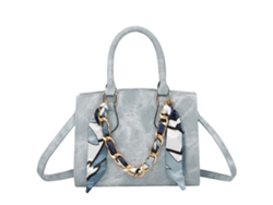 Bolso de mano de mujer con efecto denim tie-dye, correa decorativa y pañuelo azul claro, GALLANTRY
