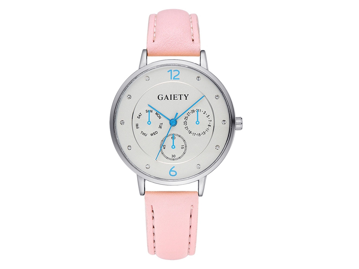 Reloj De Pulsera Analógico De Cuarzo Con Correa De Pu, Tres Subesferas Y Manos Fluorescentes Rosa