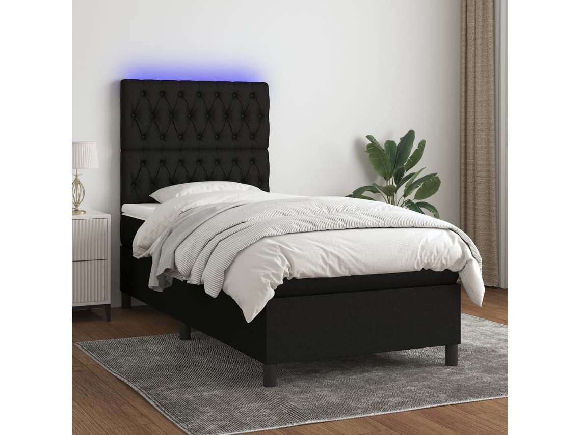 Cama Box Spring Colchón Y Luces Led Tela Negro 90x190 Cm