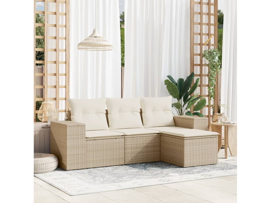 Conjunto de sofá de jardín de 4 piezas con cojines de mimbre beige DKD Home Decor