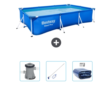 Piscina BESTWAY Rectangular Steel Pro - 300 x 201 x 66 cm - Azul - Incluida Bomba - kit de limpieza - Vela solar