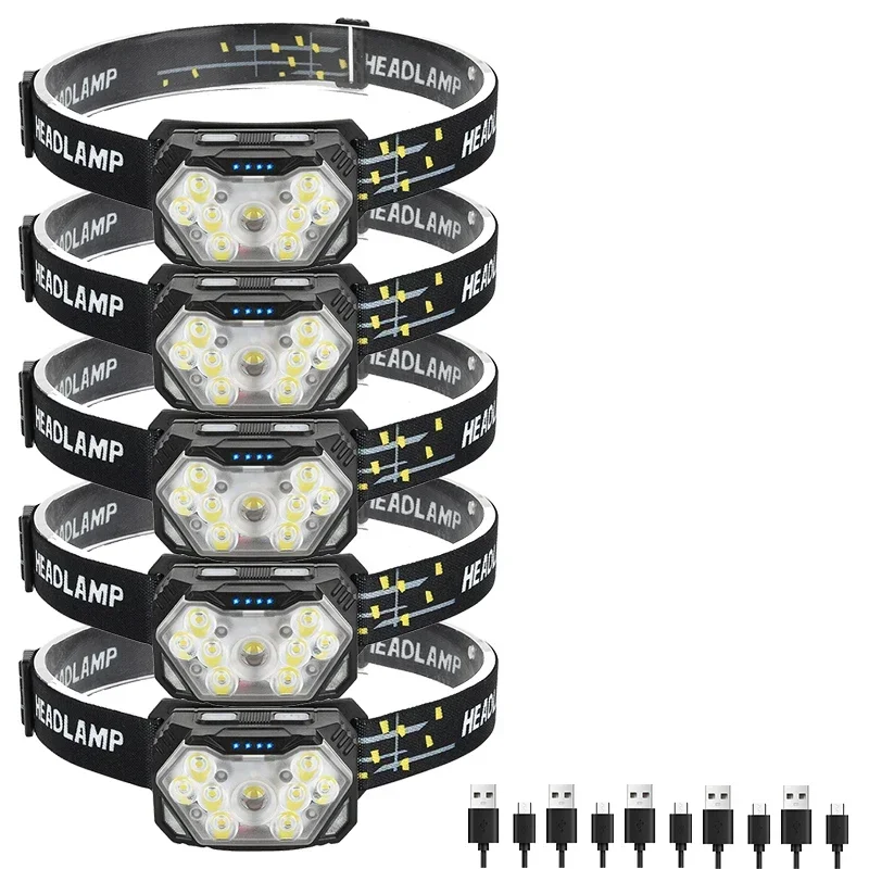 Linterna frontal LED Viewleaf con sensor, luz potente, recargable por USB, batería integrada, ideal para acampar, pescar y búsqueda nocturna.