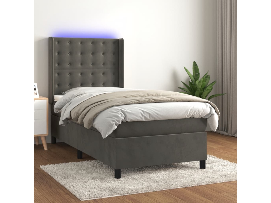 Cama Box Spring Colchón Y Led Terciopelo Gris Oscuro 80x200 Cm