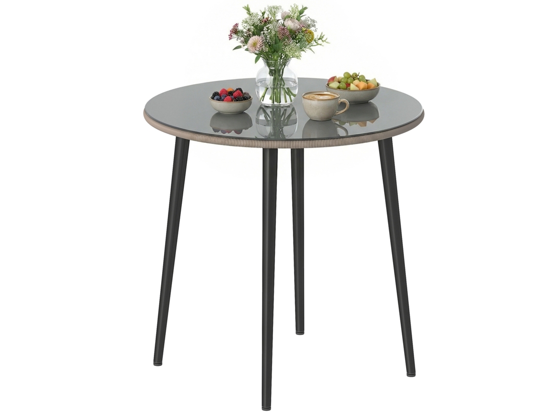 Mesa De Jardín, Cristal Templado, Borde De Ratán, Acero, 80x80x74cm, Gris.