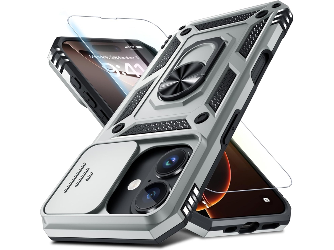 Funda protectora para la lente de la cámara del iPhone 14 Pro, resistente a impactos, con anillo para el dedo y soporte integrado, color plata. AEUZWR