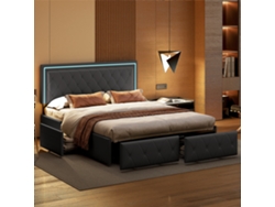 Cama Doble Tapizada En Gris (160x200 Cm) Con Iluminación Led, 4 Cajones, Cabecero Ajustable Y Compartimento De Almacenamiento Con Somier De Láminas.