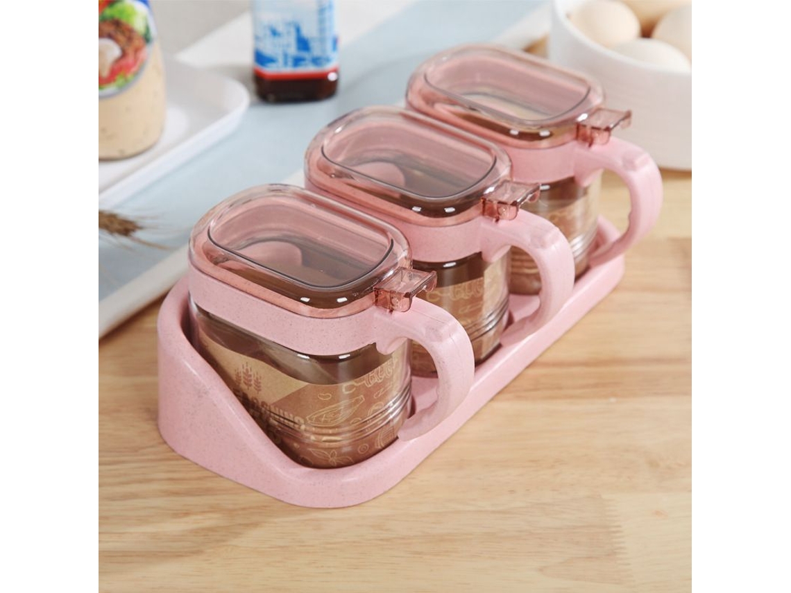 2026da-set De 3 Frascos De Especias De Vidrio Transparente Con Tapa, Cuchara Y Base Rosa Para Cocina