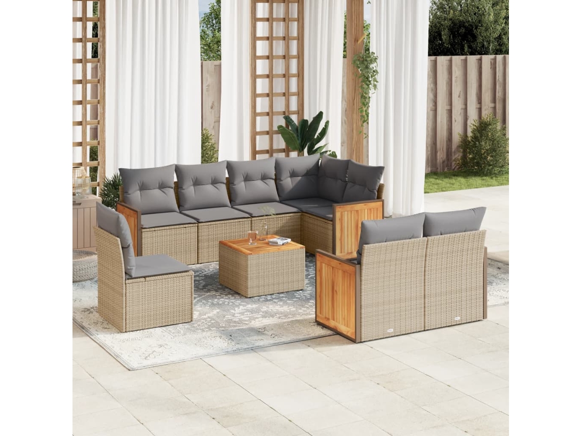 Conjunto de sofá de jardín de 9 piezas con cojines, mimbre sintético beige, Dkd Home Decor