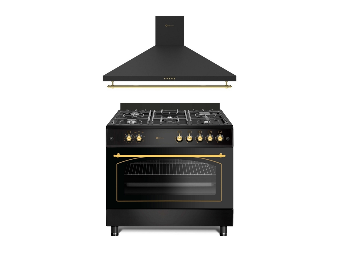 Estufa de gas Solthermic® Combo Pack F9l50g2rb con horno panorámico, campana rústica negra decorativa H90pr