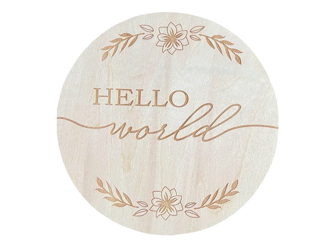 Cartel De Anuncio De Bebé Redondo De 5.9 Pulgadas En Madera Bálsamo Hello World Para Guardería