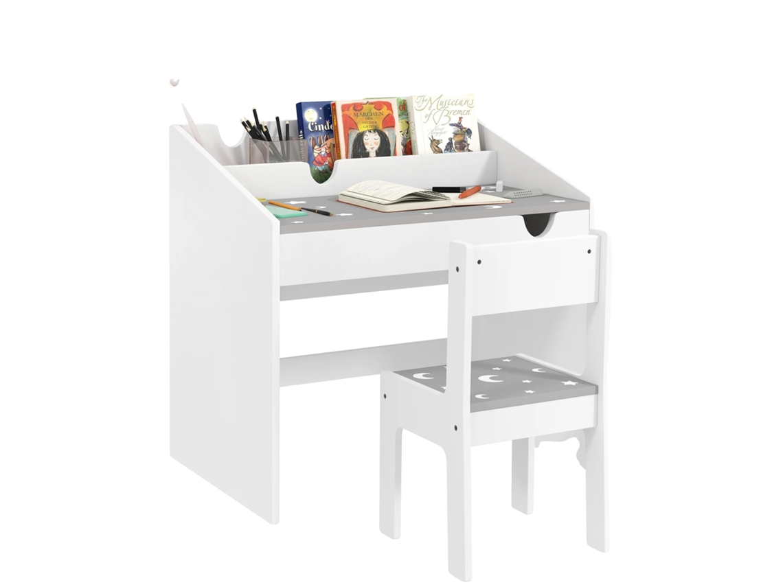 Conjunto de mesa y sillas, diseño ergonómico, fácil montaje, color gris claro.