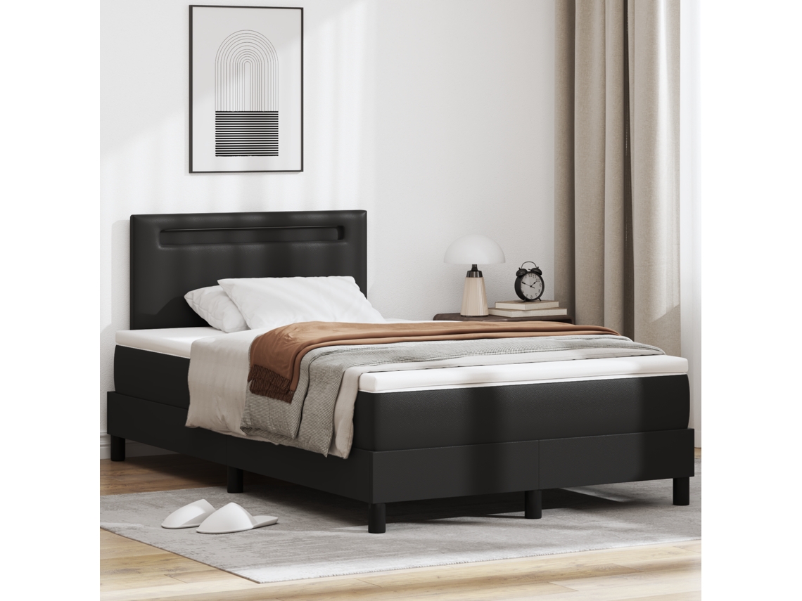 Cama Box Spring Con Colchón Negro - Tamaño Doble Pequeño, Piel Sintética