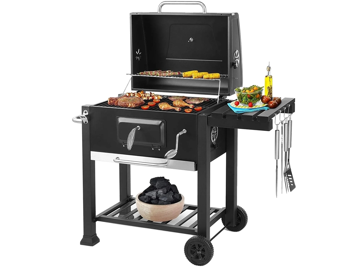 Parrilla de carbón para barbacoa, plancha de carbón ajustable en altura, amplia superficie de cocción, diseño de fácil movilidad