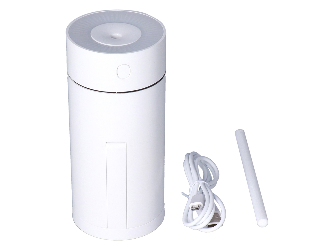Humidificador de aire portátil USB blanco para viajes, hogar y oficina con pulverizador oblicuo y giratorio.
