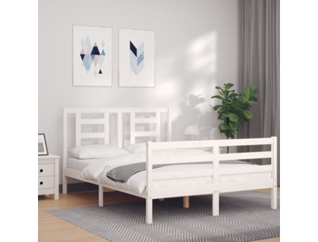 VIDAXL Cama doble blanca de madera maciza con cabecero (Madera - 135 x 190 cm)