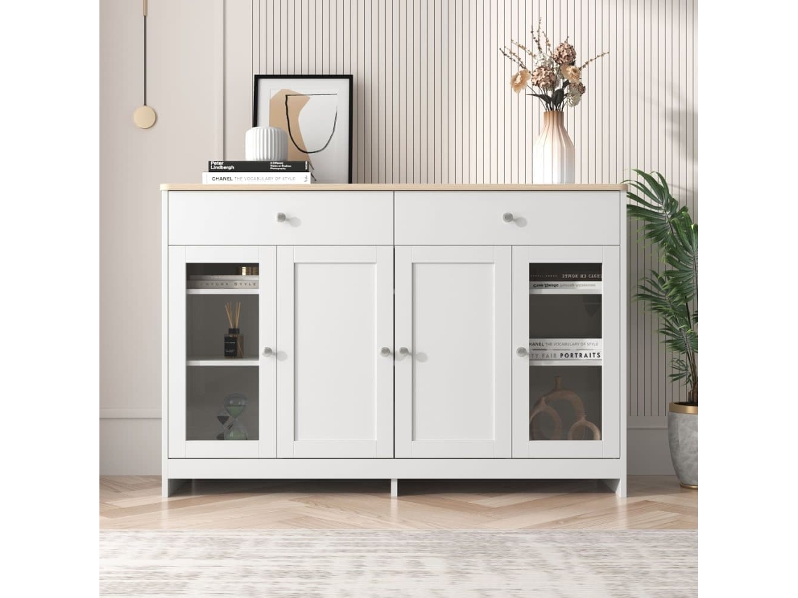 Aparador Con 2 Cajones Y Puertas De Cristal - Para Salón Y Comedor - Blanco