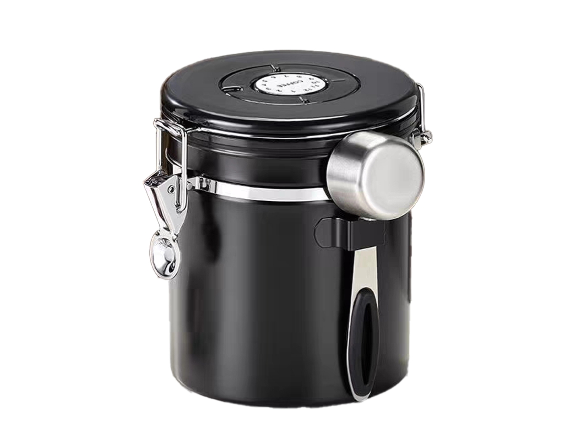 KOFIHETY Bote para Café Molido, Contenedor para Granos de Café, Recipiente Airtight con Cuchara, Negro, 1800 ml para Almacenamiento de Alimentos