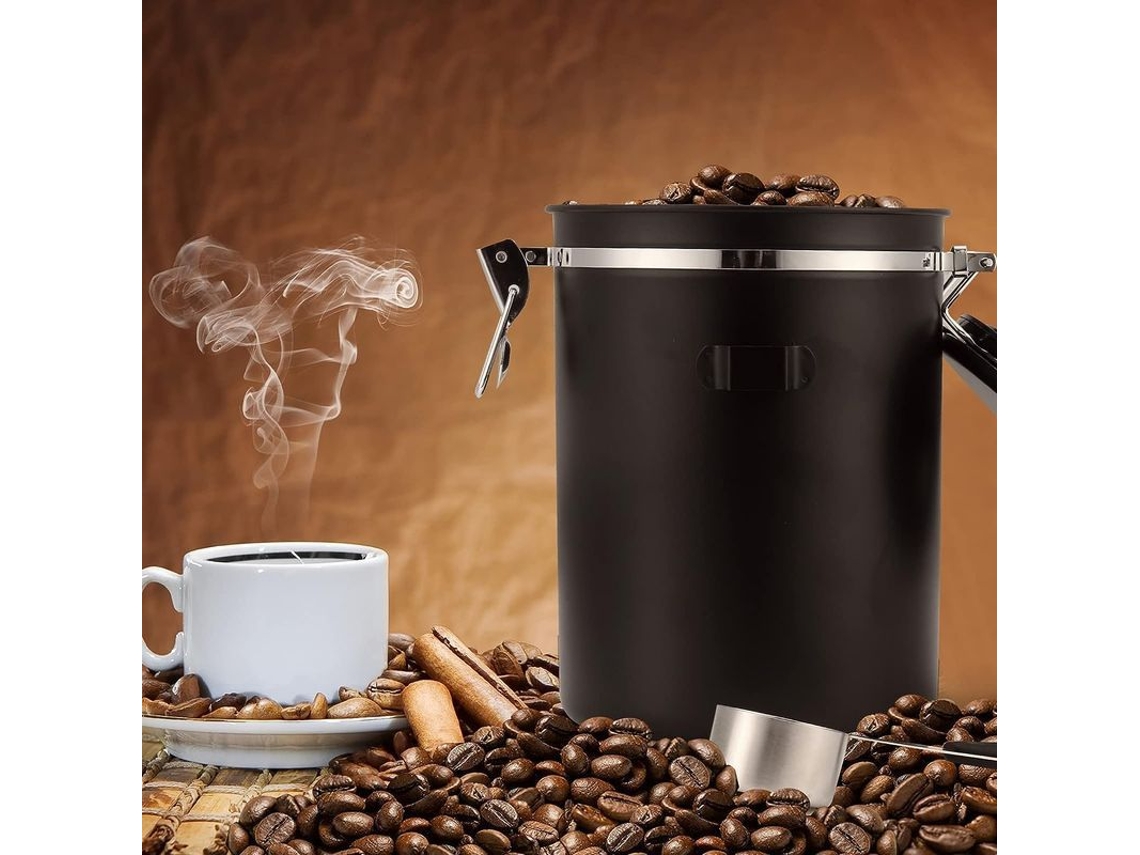 Lata Hermética Para Café De 1500 Ml Con Cuchara, Para Almacenar Granos De Café Y Café Molido, Color Negro.